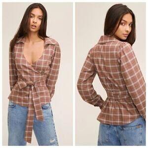 MARISSA WEBB Womens Small Mia Lightweight Flannel Wrap Top in Mesa Tan Plaid NEW